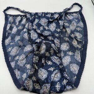 Vintage Blue Satin Paisley Bikini Panty Size 5 Lace Trim Ruffle Elastic Waist Y2